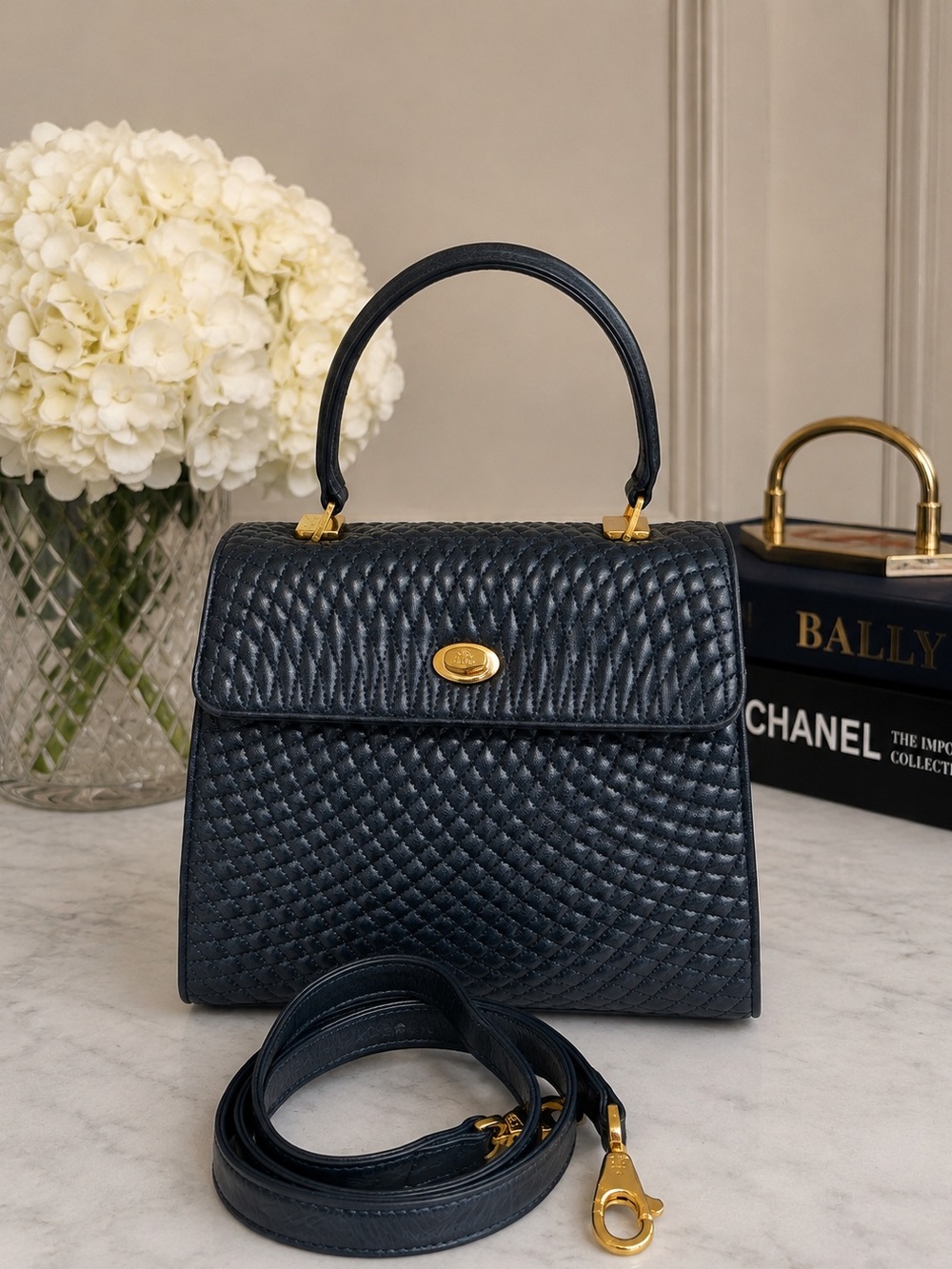 Rare Vintage Bally Pratalia Navy Quilted Nappa Lambskin Top Handle Bag Pristine